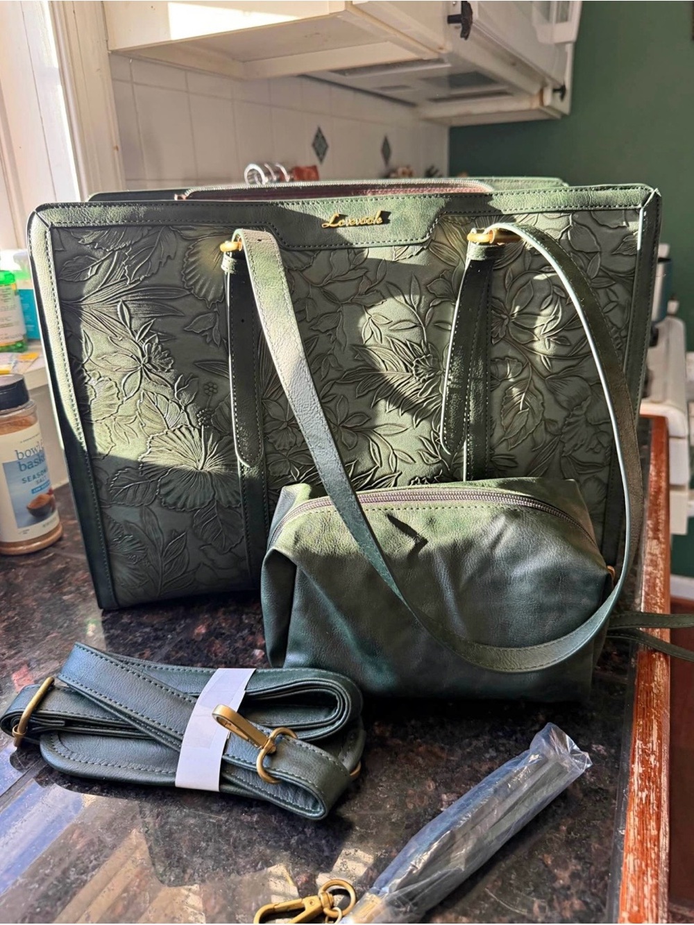 Lovevook Green Floral Embossed Tote with Matching Pouch and Strap